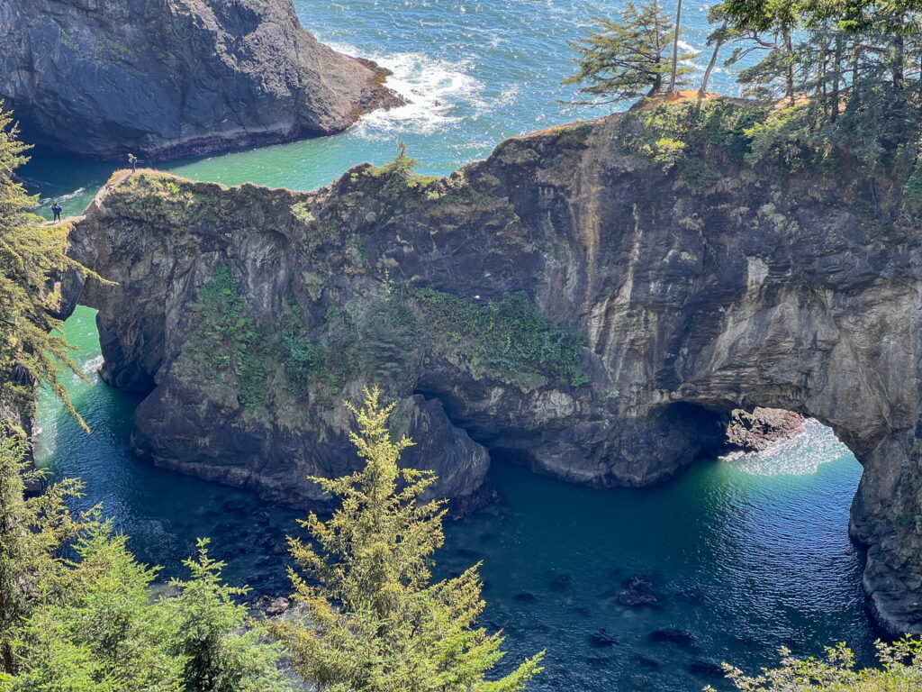 A dramatic natural rock arch over bright blue water, surrounded by lush green vegetation along the Samuel H. Boardman State Scenic Corridor on the Oregon Coast.